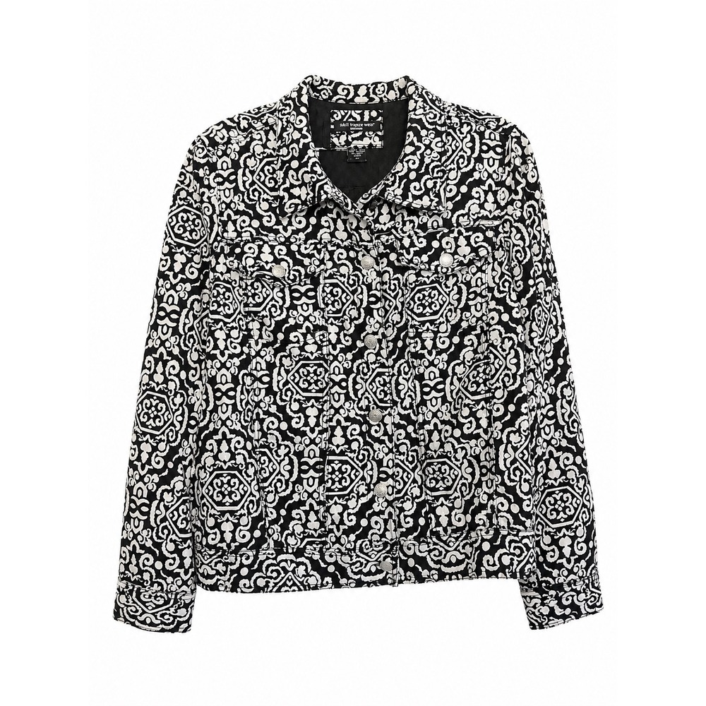 St. Tropez West Linen Jacket 2X Black White Print Trucker Boho Coastal